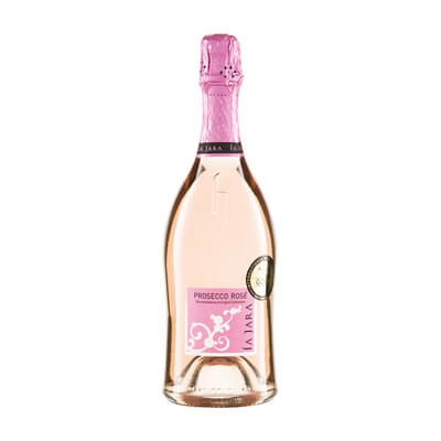 Auf dem Bild ist eine Flasche Prosecco Rosé von La Jara mit einem pinkfarbenen Korken und Etikett zu sehen.