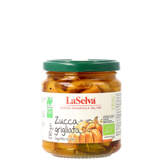 Auf dem Bild ist ein Glas mit gegrilltem Kürbis der Marke LaSelva zu sehen.