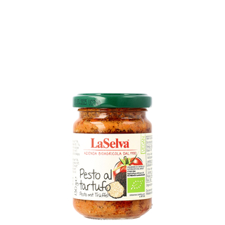 Auf dem Bild ist ein Glas Pesto al Tartufo (Trüffelpesto) der Marke LaSelva zu sehen.